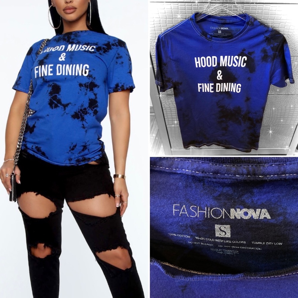 FASHION NOVA Hood Music Fine Dining Tee Small Tie Dyed T-Shirt Blue Black